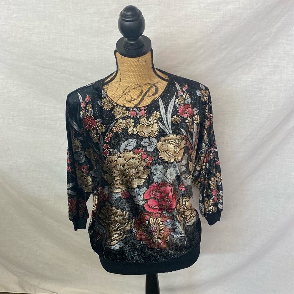 Vintage Western Connection Black Glitter Floral Velour 1980’s Top
